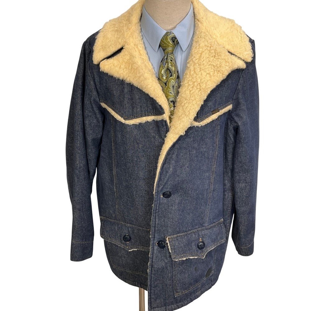 Roebucks Sears Jacket Mens 44XT Blue Denim Sherpa Trucker Western Chore Coat
